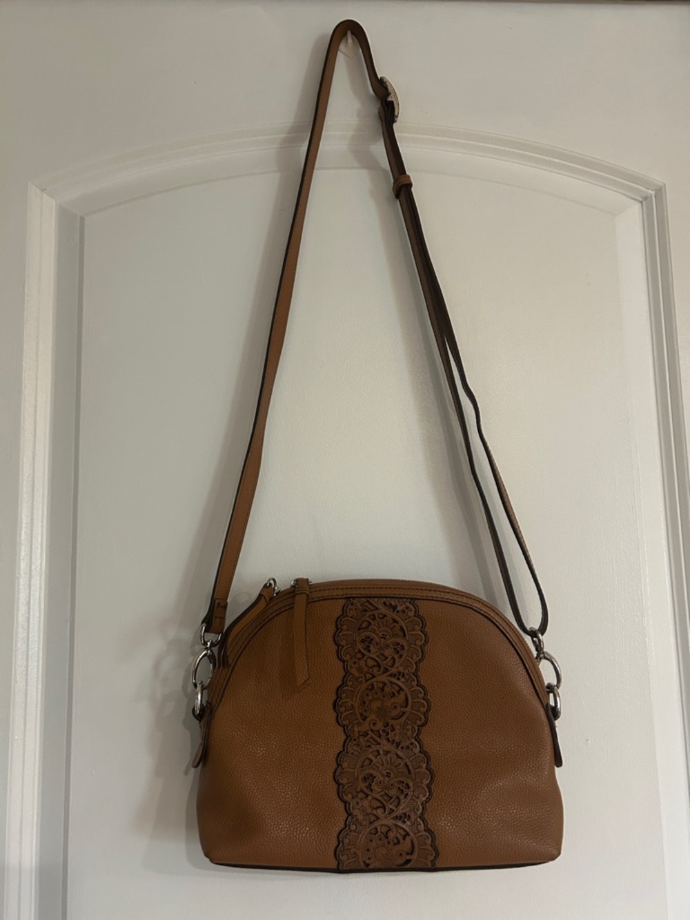 Brighton Brown Leather Crossbody with Decorative Lace Panel